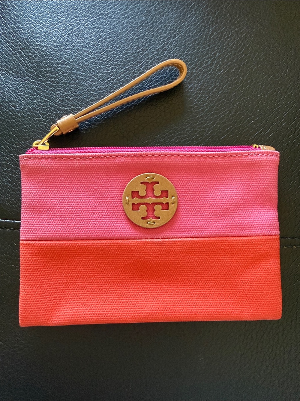 Tory Burch Pink and Coral Canvas Wristlet with Gold Emblem